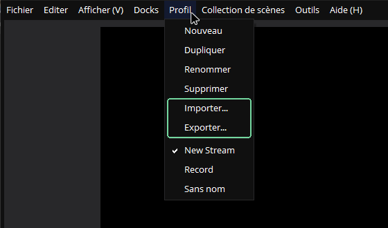 Menu Profil d'OBS Studio ouvert, avec les commandes Importer... et Exporter... encadrées